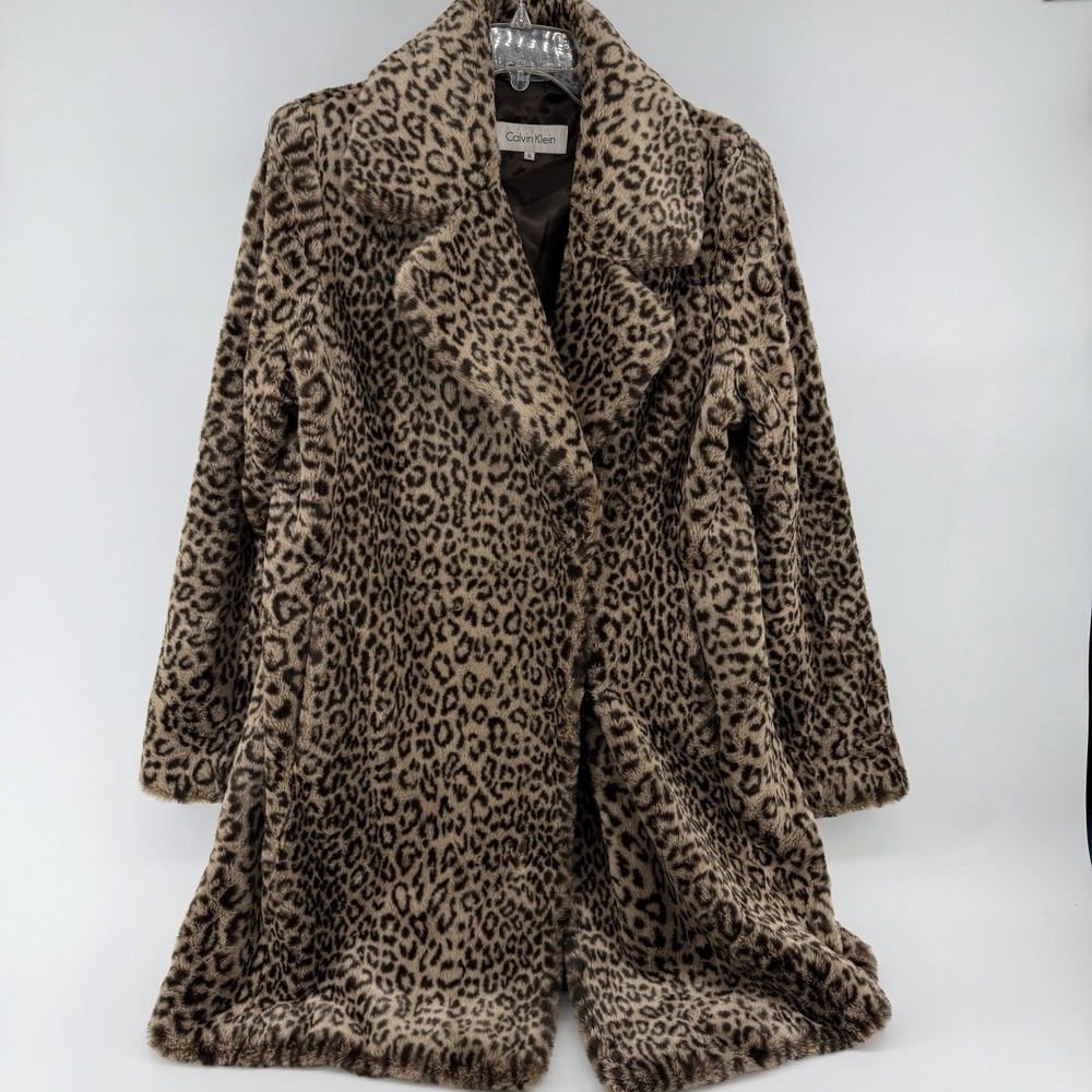 Calvin Klein Leopard Faux Fur Coat Womens M Glamorous Animal Print Jacket Lined
